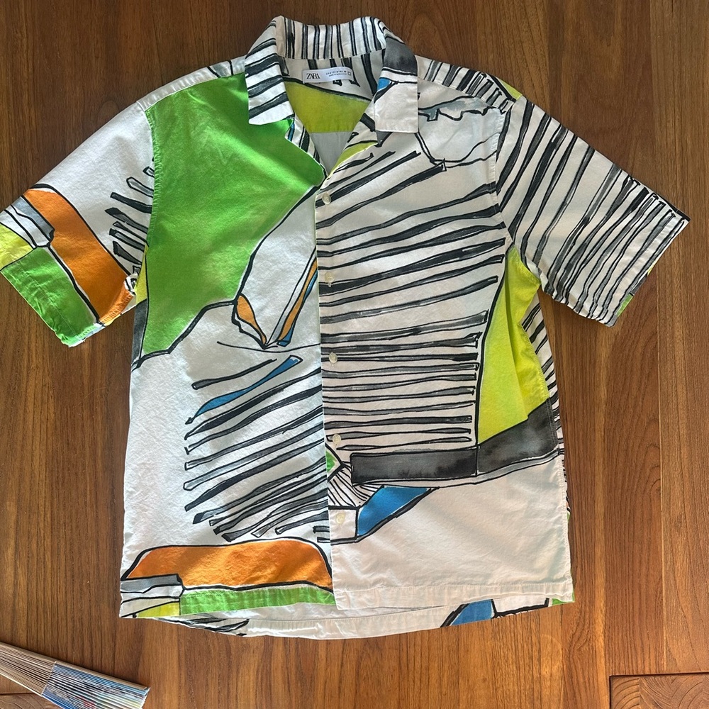 Abstract Cotton Button-Down Shirt - White, Green, Orange & Blue